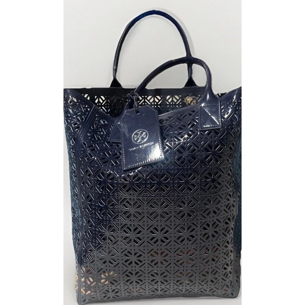 Tory Burch Navy Laser Cut PVC Patent Tote Shopper Beach Bag Geometric Large
